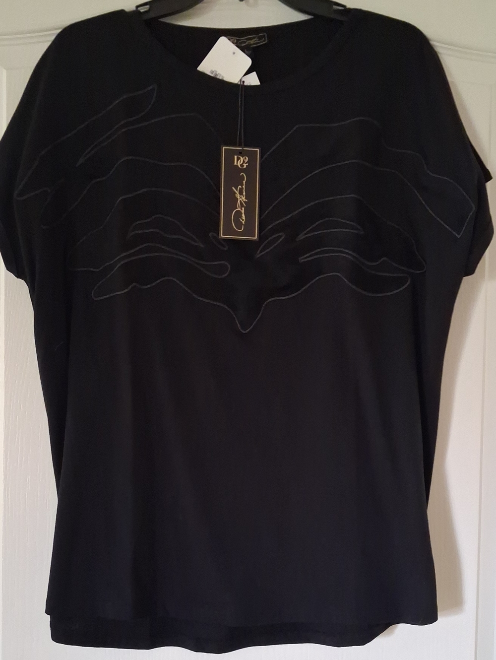 Black Women's Short-Sleeve Top with Subtle Stitch Detail - Designer
